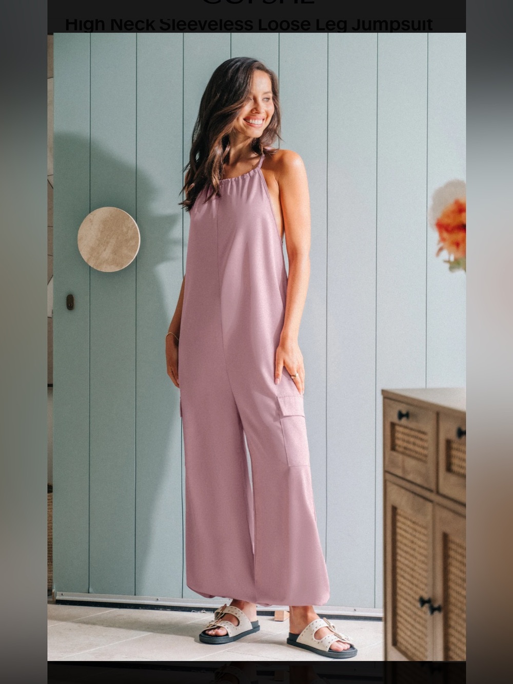 Cupshe NWT large Mauve High-Neck Sleeveless cargo Wide-Leg Jumpsuit
